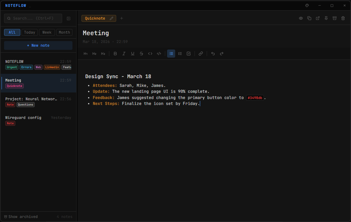 NoteFlow main editor: sidebar with notes list, tabbed editor, markdown task list with checkboxes