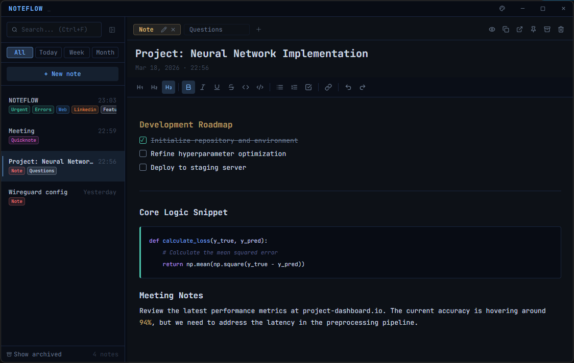 NoteFlow app — main editor showing a developer task list with markdown and checkboxes